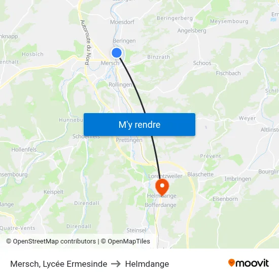 Mersch, Lycée Ermesinde to Helmdange map
