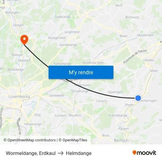 Wormeldange, Erdkaul to Helmdange map
