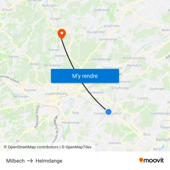 Milbech to Helmdange map