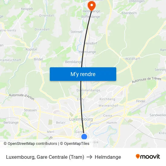 Luxembourg, Gare Centrale (Tram) to Helmdange map