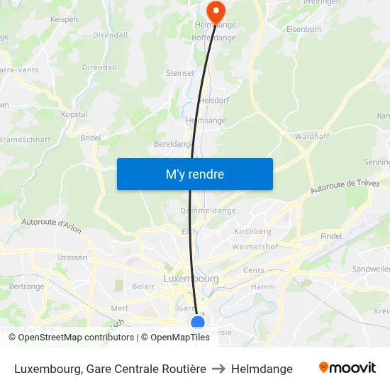 Luxembourg, Gare Centrale Routière to Helmdange map