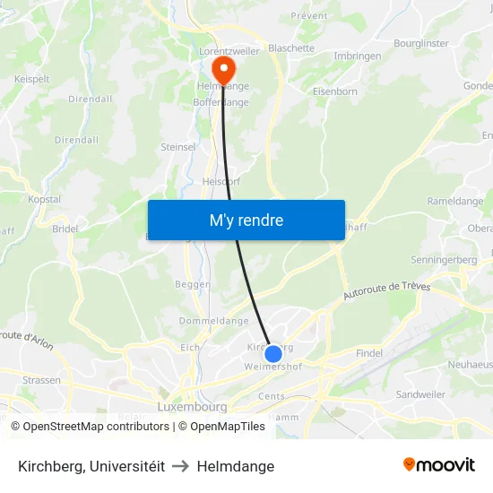 Kirchberg, Universitéit to Helmdange map
