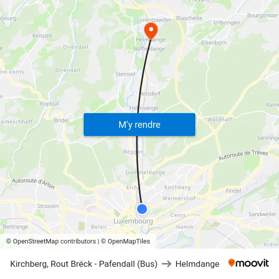 Kirchberg, Rout Bréck - Pafendall (Bus) to Helmdange map