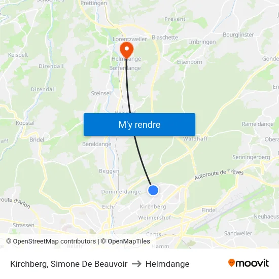 Kirchberg, Simone De Beauvoir to Helmdange map