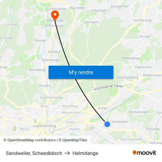 Sandweiler, Scheedbësch to Helmdange map