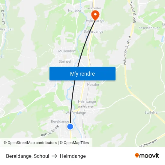 Bereldange, Schoul to Helmdange map