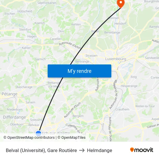 Belval (Université), Gare Routière to Helmdange map