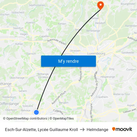 Esch-Sur-Alzette, Lycée Guillaume Kroll to Helmdange map