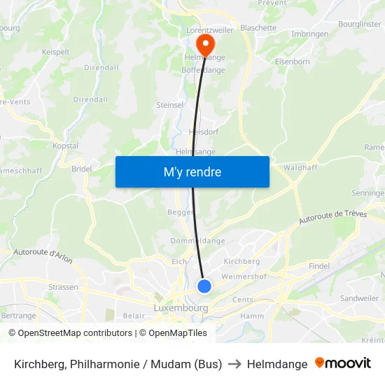 Kirchberg, Philharmonie / Mudam (Bus) to Helmdange map