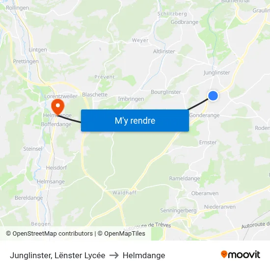 Junglinster, Lënster Lycée to Helmdange map