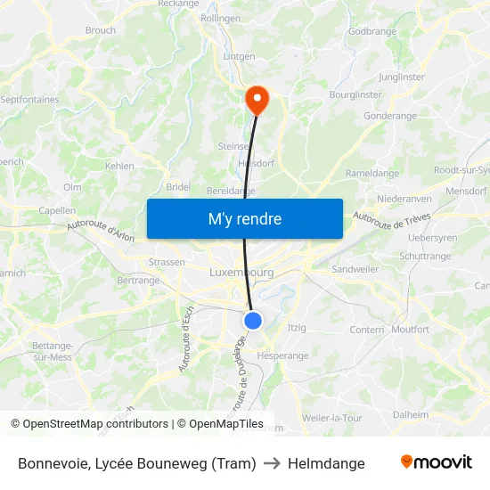 Bonnevoie, Lycée Bouneweg (Tram) to Helmdange map