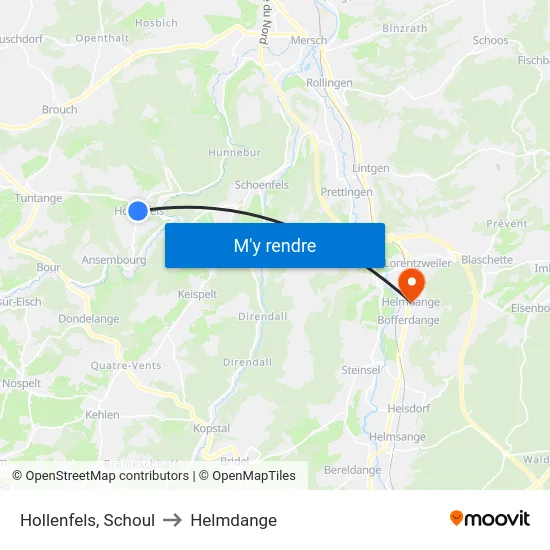 Hollenfels, Schoul to Helmdange map