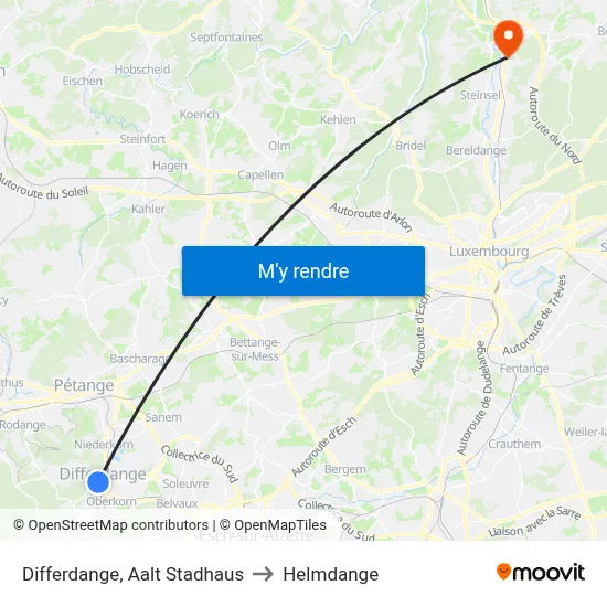 Differdange, Aalt Stadhaus to Helmdange map