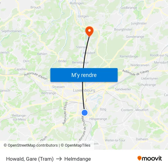 Howald, Gare (Tram) to Helmdange map
