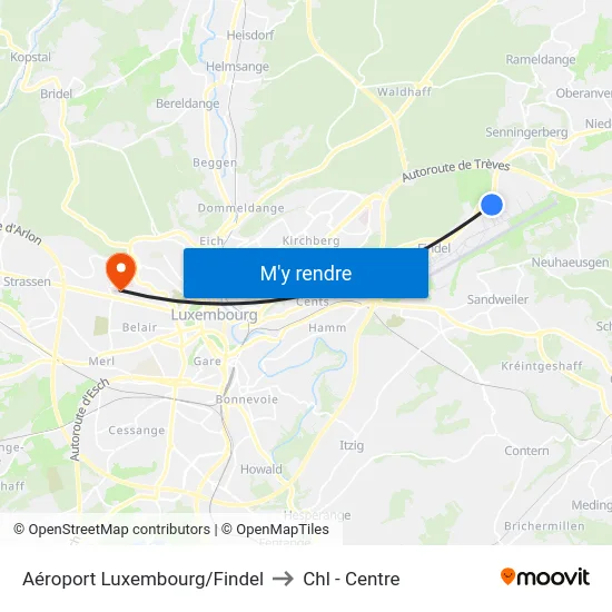 Aéroport Luxembourg/Findel to Chl - Centre map