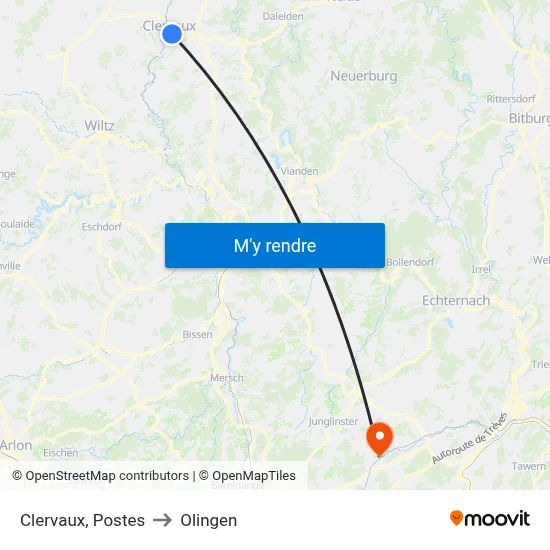 Clervaux, Postes to Olingen map