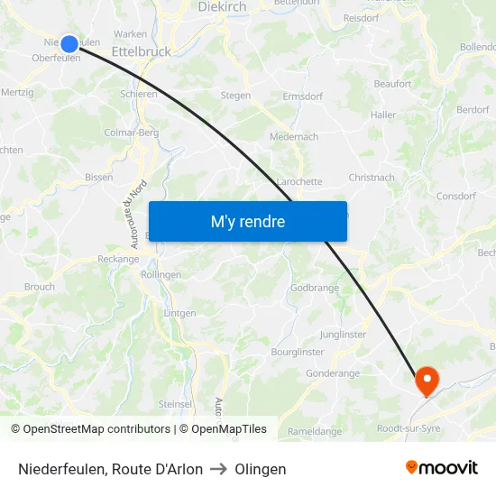 Niederfeulen, Route D'Arlon to Olingen map