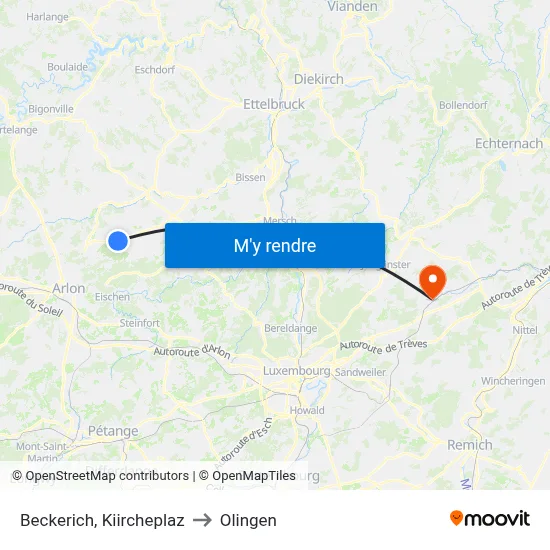Beckerich, Kiircheplaz to Olingen map