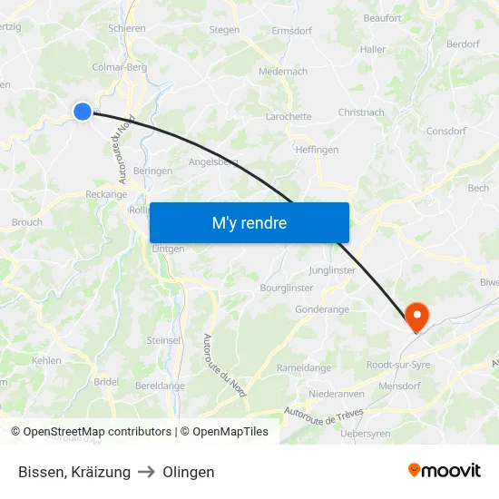 Bissen, Kräizung to Olingen map