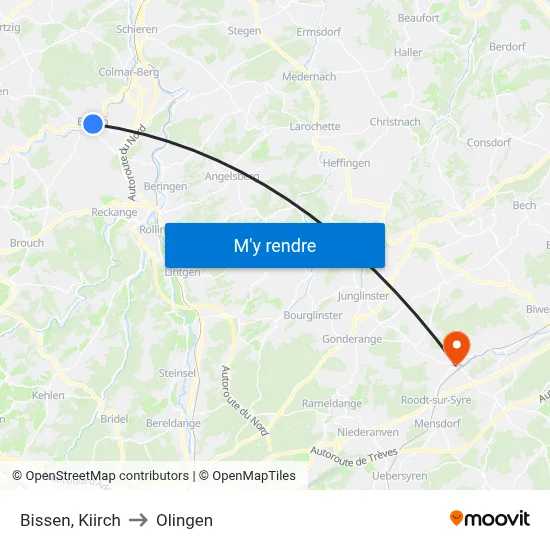 Bissen, Kiirch to Olingen map