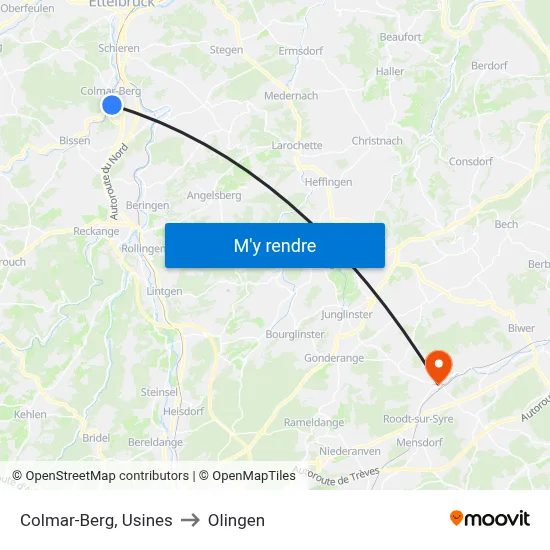 Colmar-Berg, Usines to Olingen map