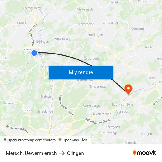 Mersch, Uewermiersch to Olingen map
