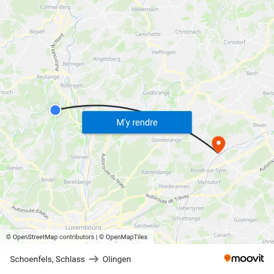 Schoenfels, Schlass to Olingen map