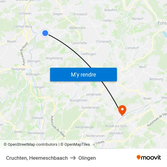 Cruchten, Heemeschbaach to Olingen map