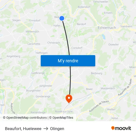 Beaufort, Huelewee to Olingen map