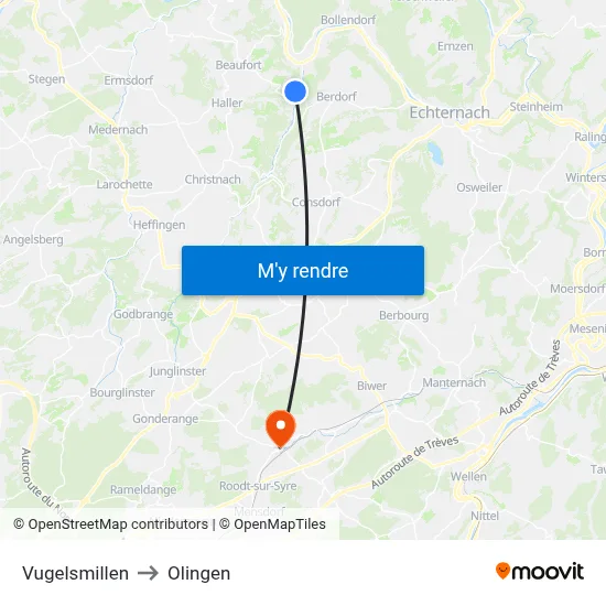Vugelsmillen to Olingen map