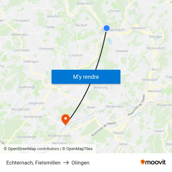 Echternach, Fielsmillen to Olingen map