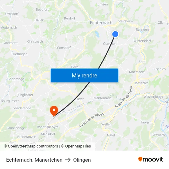 Echternach, Manertchen to Olingen map