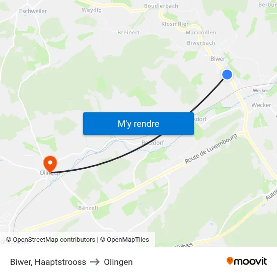 Biwer, Haaptstrooss to Olingen map