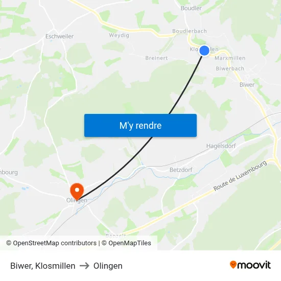 Biwer, Klosmillen to Olingen map