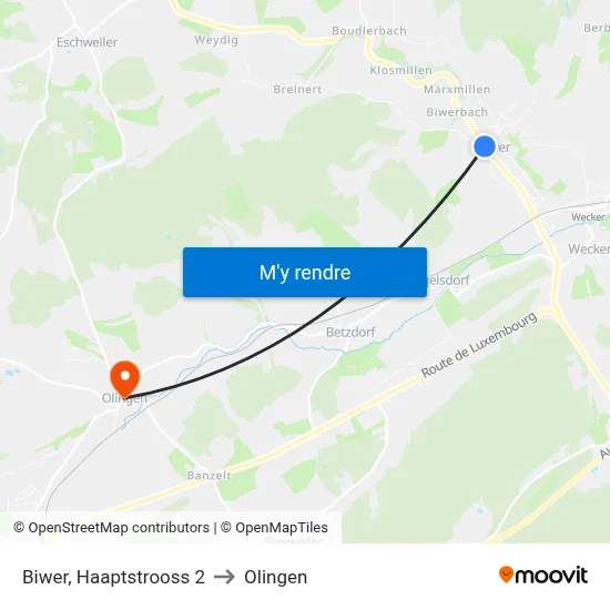 Biwer, Haaptstrooss 2 to Olingen map