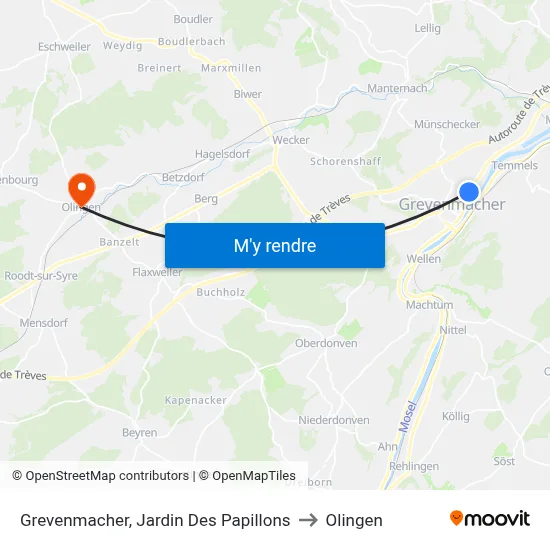 Grevenmacher, Jardin Des Papillons to Olingen map