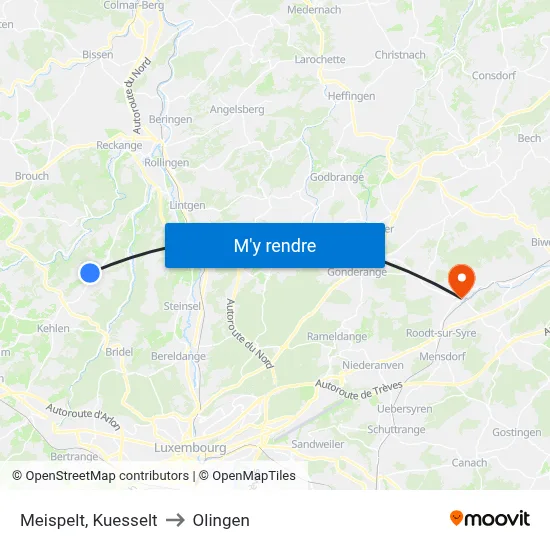 Meispelt, Kuesselt to Olingen map