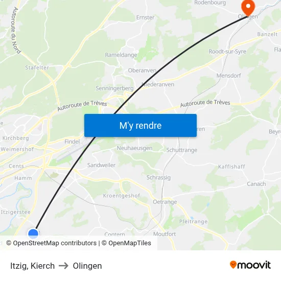 Itzig, Kierch to Olingen map