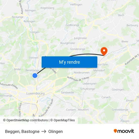 Beggen, Bastogne to Olingen map