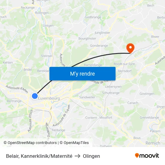 Belair, Kannerklinik/Maternité to Olingen map