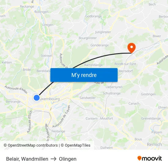 Belair, Wandmillen to Olingen map