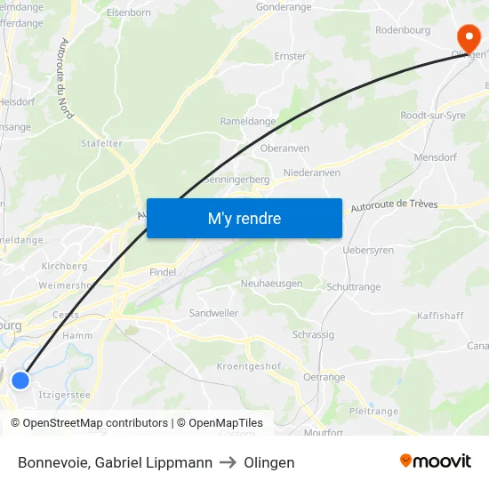 Bonnevoie, Gabriel Lippmann to Olingen map