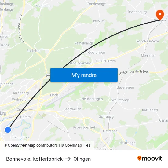 Bonnevoie, Kofferfabrick to Olingen map