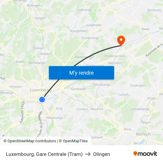 Luxembourg, Gare Centrale (Tram) to Olingen map