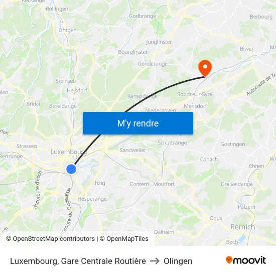 Luxembourg, Gare Centrale Routière to Olingen map