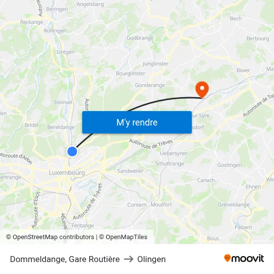 Dommeldange, Gare Routière to Olingen map