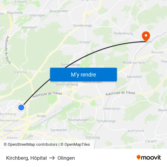 Kirchberg, Hôpital to Olingen map