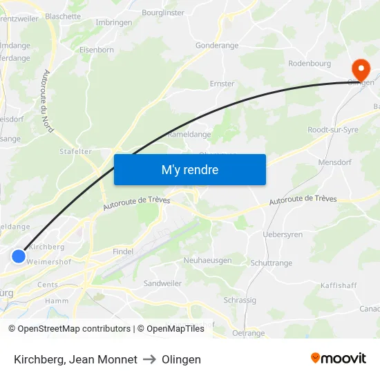 Kirchberg, Jean Monnet to Olingen map