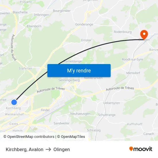 Kirchberg, Avalon to Olingen map