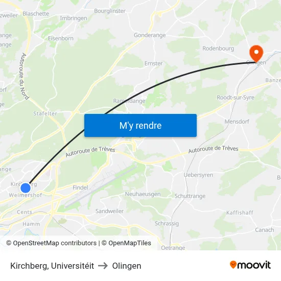 Kirchberg, Universitéit to Olingen map